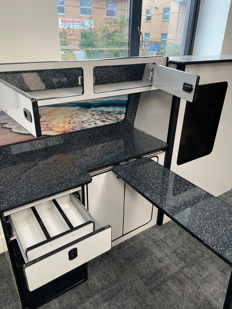 VW T5/T6 Rock & Roll Bed & Light gloss grey with Black Sparkle Worktop Units