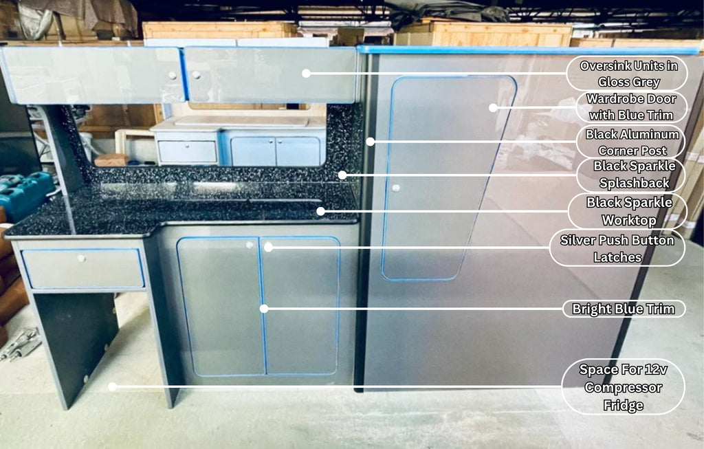 VW T5/T6 Gloss Grey & Black Sparkle worktop with blue trim SWB/LWB Units