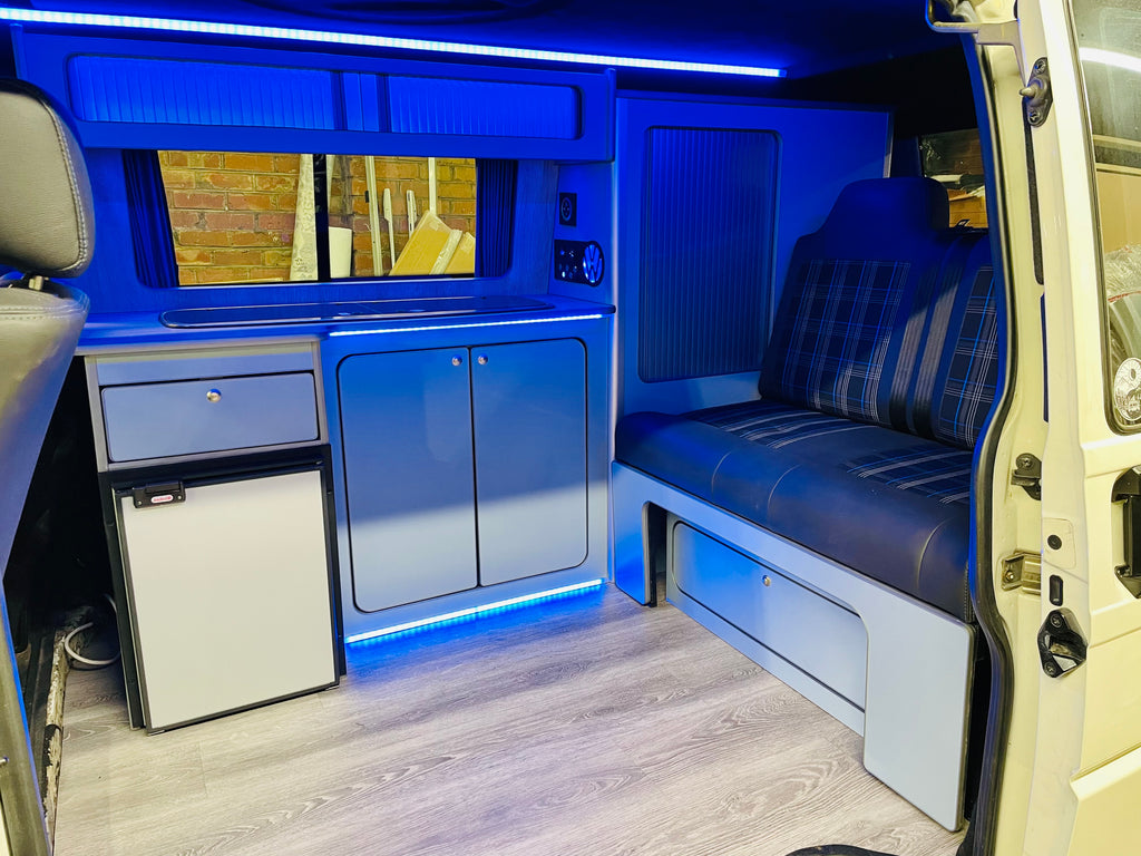 VW T4 Rock & Roll Bed With Super Matt Baby Blue & Oak Worktop SWB/LWB Units