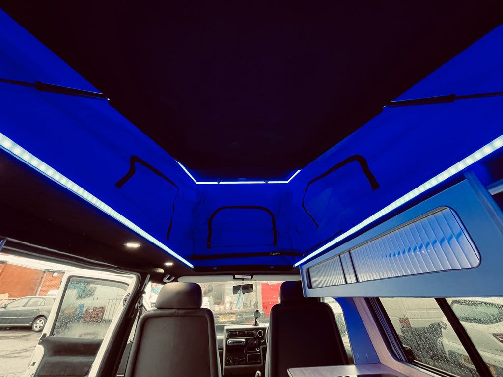 VW T4 Rock & Roll Bed With Super Matt Baby Blue & Oak Worktop SWB/LWB Units