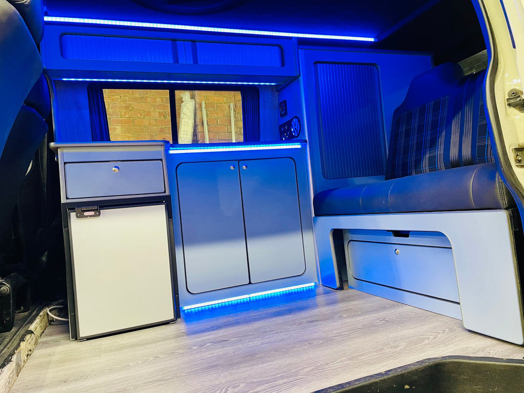 VW T4 Rock & Roll Bed With Super Matt Baby Blue & Oak Worktop SWB/LWB Units