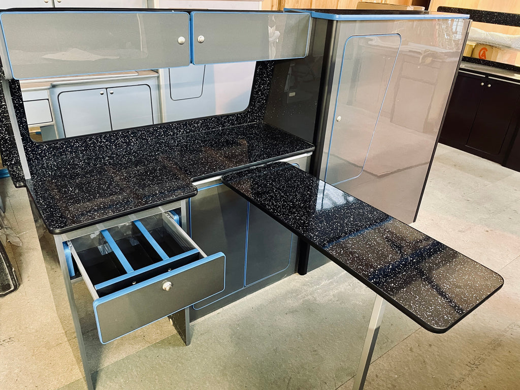 VW T5/T6 Gloss Grey & Black Sparkle worktop with blue trim SWB/LWB Units