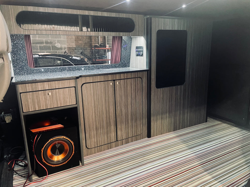 T4 Dark Wood Stripe & Black Tambour Door SWB Units