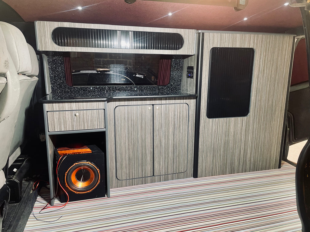 T4 Dark Wood Stripe & Black Tambour Door SWB Units