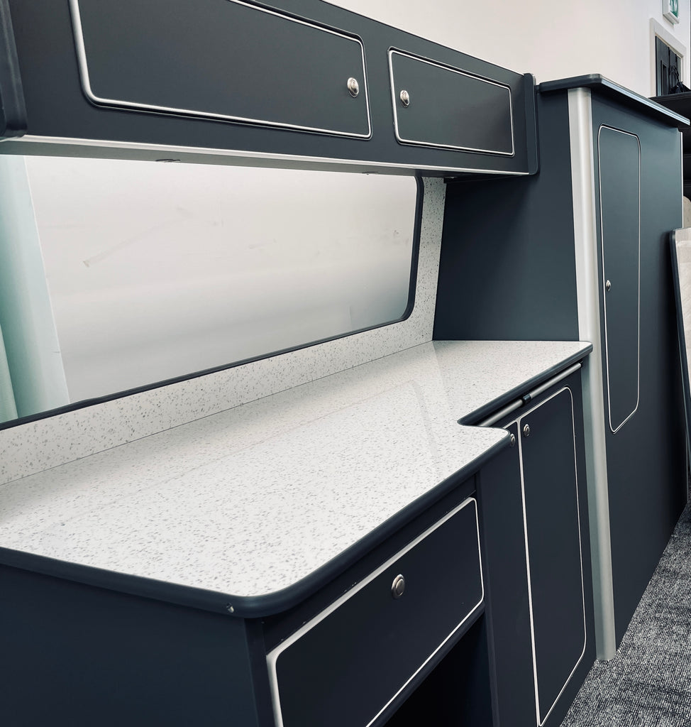 VW T5/T6 Super Matt Grey & White Sparkle Worktop SWB Units