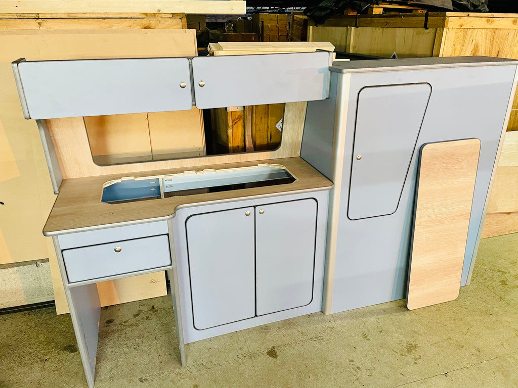VW T4 Rock & Roll Bed With Super Matt Baby Blue & Oak Worktop SWB/LWB Units