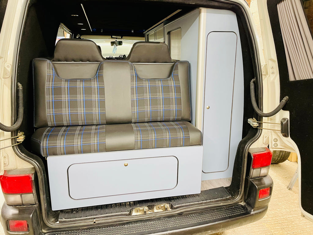 VW T4 Rock & Roll Bed With Super Matt Baby Blue & Oak Worktop SWB/LWB Units