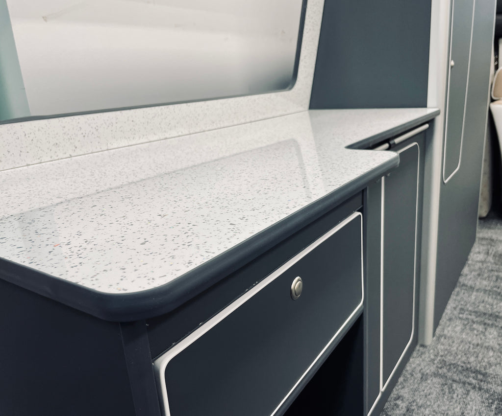 VW T5/T6 Super Matt Grey & White Sparkle Worktop SWB Units