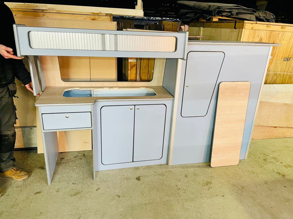 VW T4 Rock & Roll Bed With Super Matt Baby Blue & Oak Worktop SWB/LWB Units