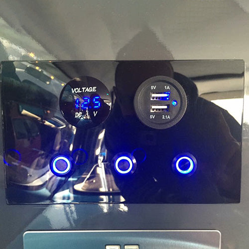 12v switch console with blue halo switches, volt display and dual USB