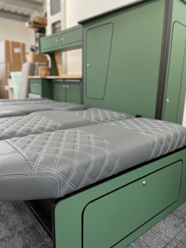 Rock and Roll bed with Super Matt T4 SWB Olive Green with REAL solid oak!